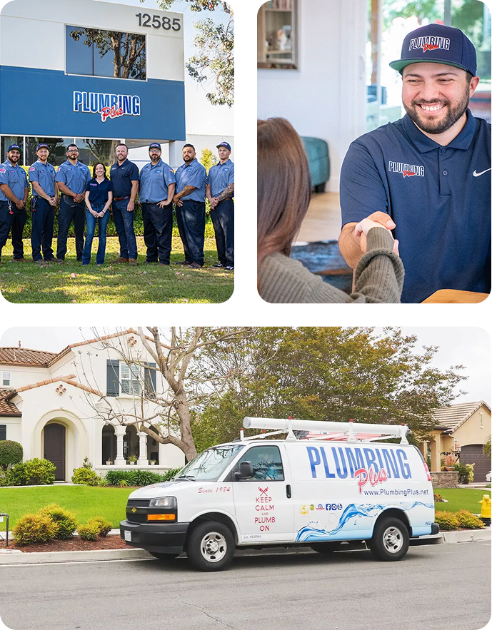 The Plumbing Plus team outside the office, a technician greeting a customer, and a service van parked at a San Diego home