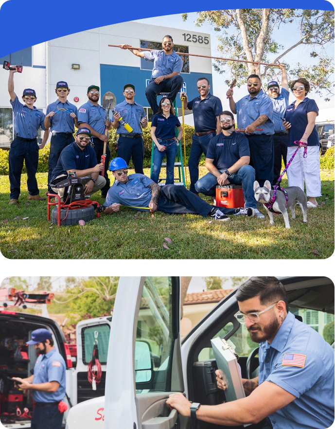 The Plumbing Plus team posing with tools and a technician at his service truck